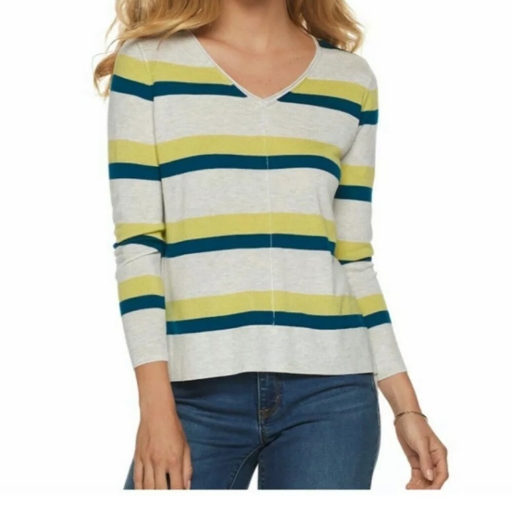 ✅ Apt 9 Cream Blue Green Striped V Neck Super soft pullover Sweater size L